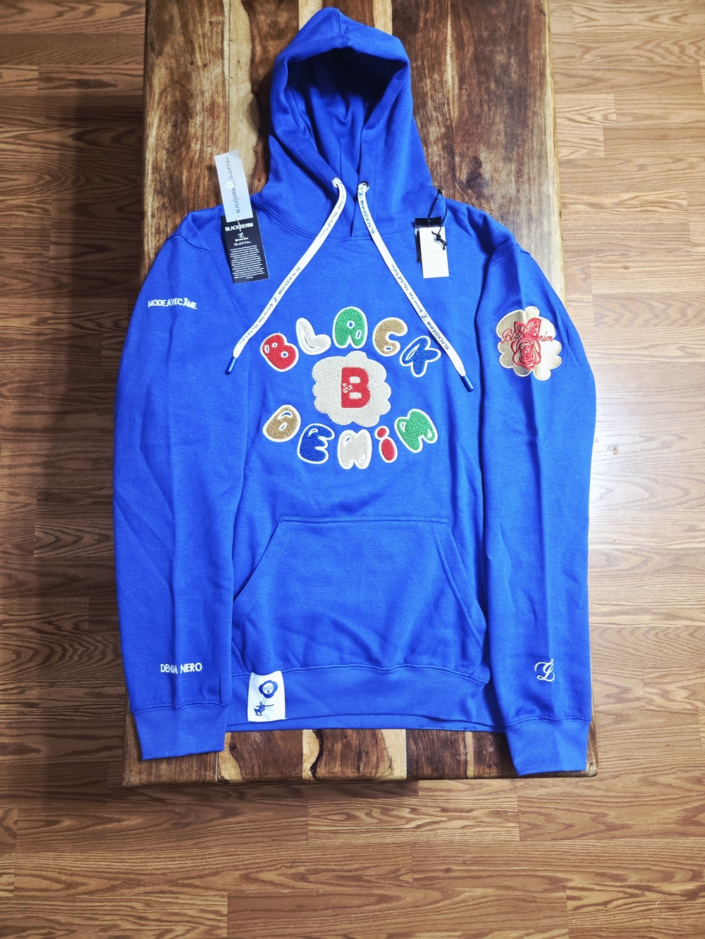 Black Denim Men's Blue Embroidered   Pullover Hoodie. Size X-Large
